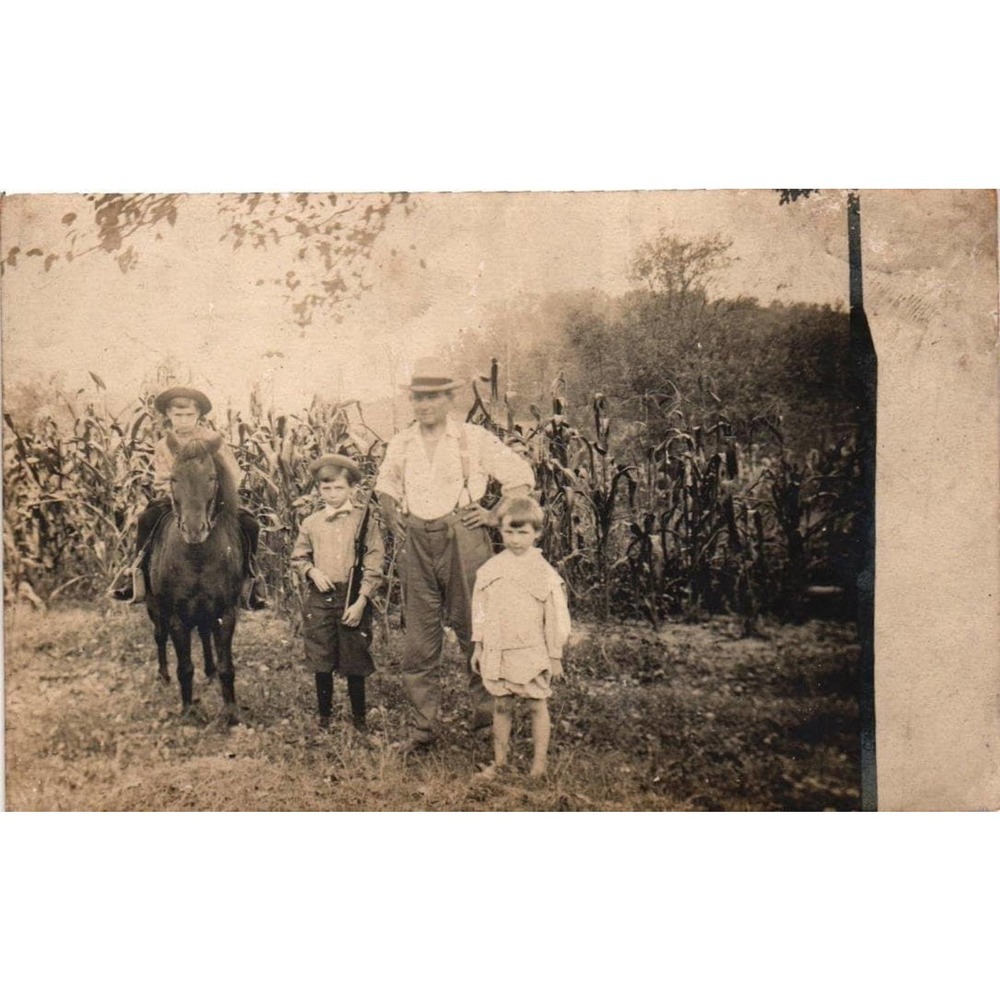 RPPC Man & Sons Corn Field Boy on Horse/ Pony Child w/riffle Boy w/ Gun Postcard